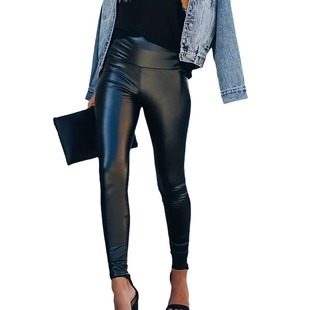 European and American-style thin non-fleece-lined PU stretch leather high-waist tight cropped pants