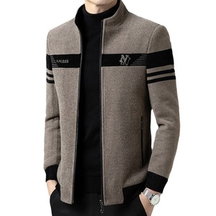 Thick Woolen Wool Jacket Men's Autumn and Winter Collar Casual Dad's Woolen Top Contrast Striped Men's Jacket