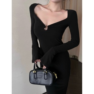 Grey Long-sleeved Knitted dress Women's Autumn and Winter Royal Sister's Slim-fit Elegant Coat with Stewardess Hip Fishtail Long Dress