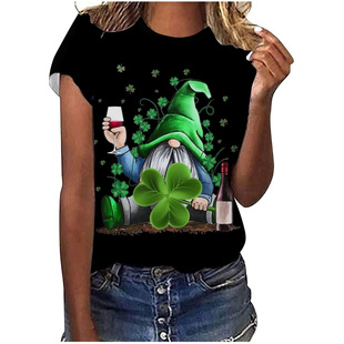 Cross-border 2024 New European and American Women's Saint Patrick's Day Four-leaf Clover Printed Round Neck Short-sleeved Foreign Trade T-shirt for Women