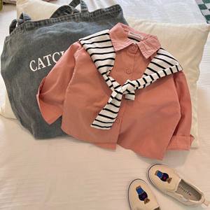Children's 2024 Spring Ball Boy's and Boy's Fashion Brand TB Ribbon Shirt Baby's Japanese Western-style Striped Pocket Shirt