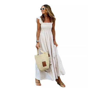 2024 Amazon Summer Hot Collage Plaid Suspender Casual Swing Dress Women's Clothing