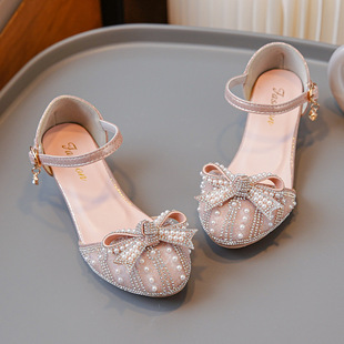 Girls' Semi-Sandals 2025 New Summer Fashion Korean Style Princess Shoes Big Kids Girls Rhinestone Children High Heels