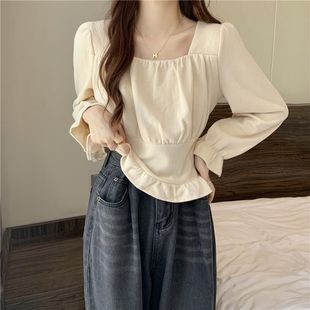 Fashion Long Sleeve Shirt Women's Design Sense Niche Autumn 2024 New Elegant French Style Collarbone Square Collar Short Top