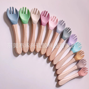 Cute Baby Bear Training Spoon Fork Silicone Bowl Supplementary Food Dinner Plate Baby Suction Cup Four-piece Children's Tableware Set