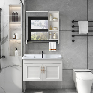 Modern Light Luxury Aluminum Carbon Bathroom Cabinet Wall Hanging Ceramic Basin Integrated Basin Washstand Hanging Cabinet Combination Small Apartment