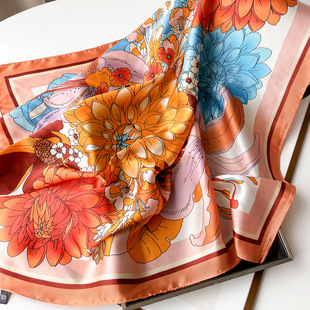 Cross-border spring new high-grade silk scarf women's green lily printed scarf small square scarf with headscarf wholesale