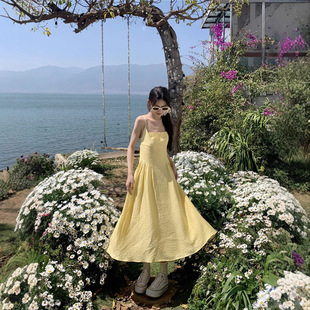 French Style Small Yellow Sling dress Women's Clothing Summer New Waist Elegant Long Dress Seaside Holiday Skirt