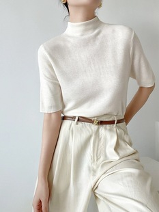 Women's Half-High Neck Short-Sleeved Knitted Sweater for Spring and Autumn New French Slim-Fit All-Match Base Sweater Soft Waxy Top