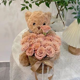 Eternal Flower Doll Bear Hugging Bouquet Birthday Gift for Girls Teddy Bear Hugging Bucket for Girlfriend Mom