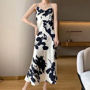 French High-end Triacetate Silk Satin Sling dress Women's Floral-print Summer Slimming V-neck A- line Dress