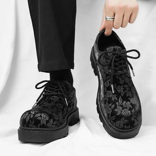 Chinese Style Small Leather Shoes Men's Internet-red Printed Thick-soled Business Casual Shoes Big Toe Thick-soled British Style Vintage Men's Shoes