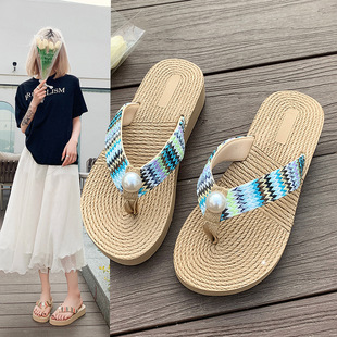 Women's Wedge Flip-flops Summer Outdoor 2024 New Imitation Weaving Sandals Beach Shoes Seaside Holiday Sandals for Women