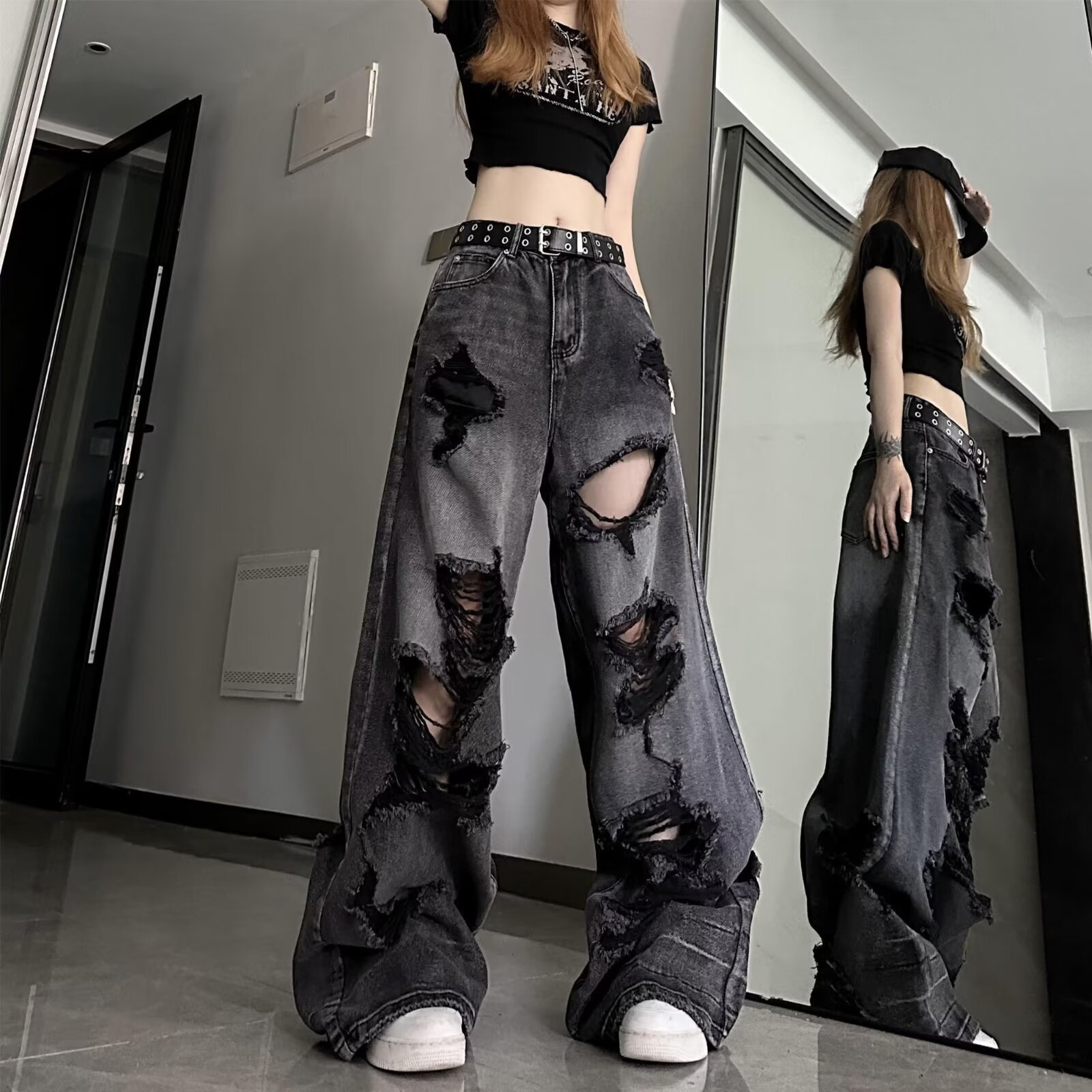Hong Kong Style Ripped Jeans Unisex High Street American Style Pear-Shaped Body European Style Distressed Wide-Leg Pants