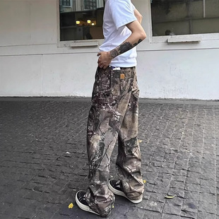 American Retro Branch Camouflage Multi-Pocket Straight Crane Pants Men's and Women's High Street Jeans Casual Logging Trendy Pants