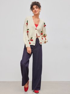 Autumn and Winter Sweet and Spicy V-neck Woolen All-match Cardigan Loose Trendy Cherry Decorative Single-breasted Woolen Top for Women