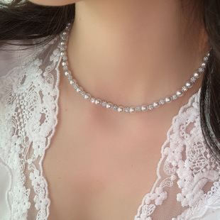 Exquisite Zircon Pearl Necklace Women's French Romantic Flash Diamond Ball Manta Rose Pearl Clavicle Bracelet