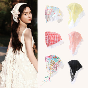Guanyang French Style Pastoral Lace Hair Belt Silk Scarf Tie Hair Triangle Headband Hair Accessories Ins Advanced Sense Accessories Triangle Scarf