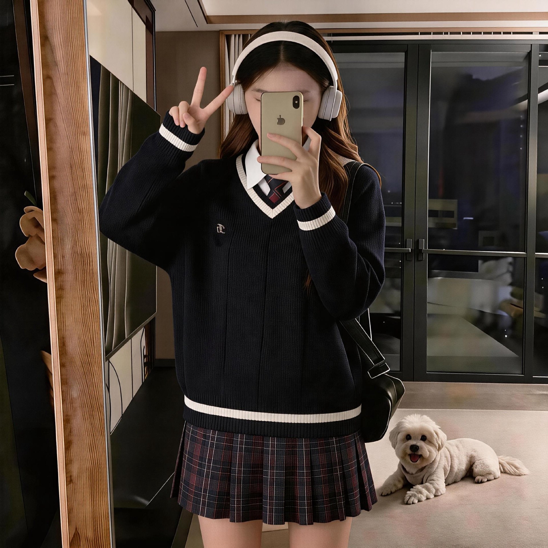 JK uniform-style pullover sweater, knitted with core-spun yarn, versatile and loose-fitting, perfect for a preppy autumn/winter look, available in black