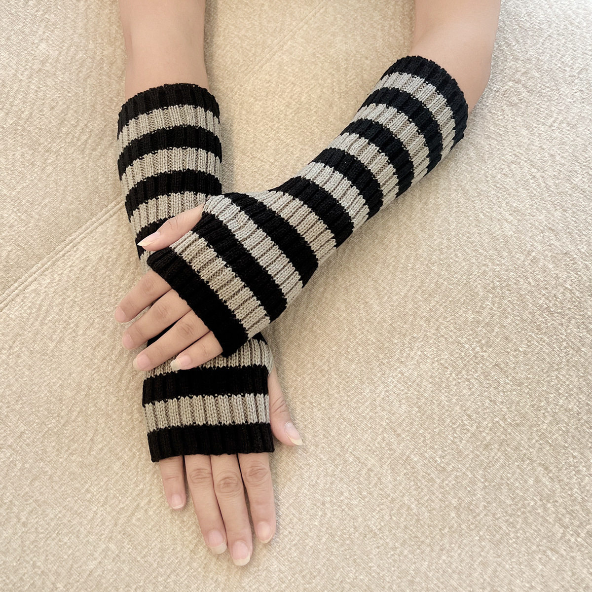 Cross-border Double Color Knitted Striped Wool Cold-proof Warm-keeping Decorative Sleeve Gloves Mid-length Finger-exposed Arm Sleeve