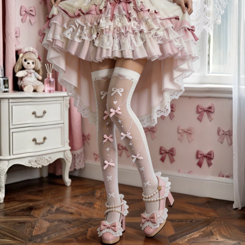Dark Lolita Bow-Knot Stockings Pure White Silk Stockings for Women Spring and Summer Thin Japanese Lolita Over-The-Knee Socks