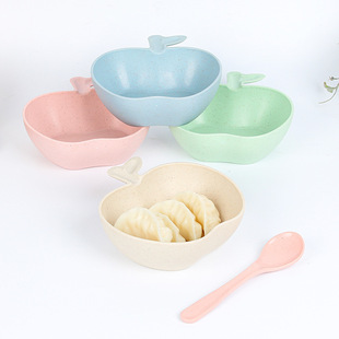 Cross-border wheat straw Bowl Spoon creative Apple Bowl household plastic Bowl Spoon children's Bowl Spoon suit wholesale