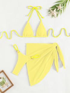 [Набор из трех частей] Solid color lace up swimsuit three piece set сплошной цвет