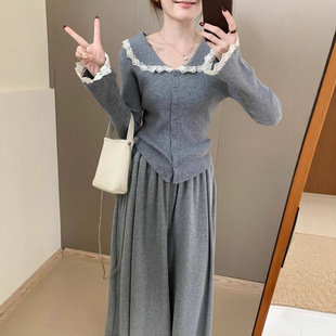 2024 autumn and winter new elegant contrast color lace collar lady cardigan Korean style all-match slim casual sweater women
