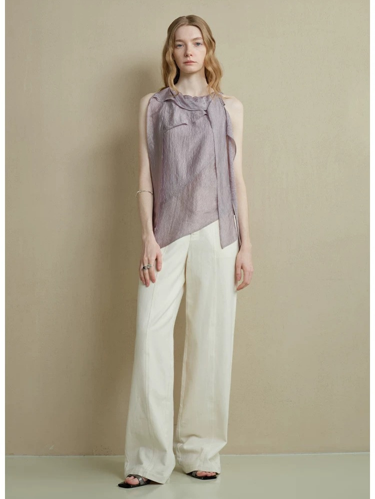 Someone Sometimes Selects Acetate Fiber Shiny Silk Diagonal-Cut Deconstructed Irregular Ribbon Sleeveless Tops