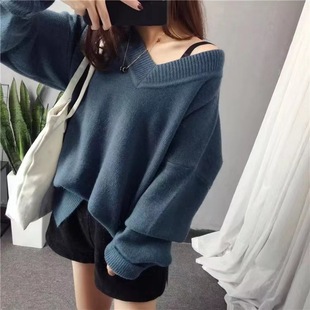 V-neck sweater autumn and winter lazy style Korean style outerwear knitted pullover solid color top for women
