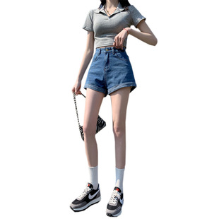 Curled Denim Shorts Women's Summer High Waist Ins Style Korean Style Loose Slimming Student Casual Wide Leg A- Shed Hot Pants
