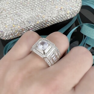 European and American Full Diamond Ladder Square Diamond Gentleman's Ring with Opening Zircon Inlay 2 Karat Fashion Engagement Diamond Ring Ring