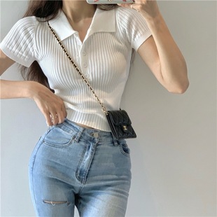 2024 Summer Internet Celebrant Slim-fit Slim-fit Short Top Korean Style Retro Small Lel Short-sleeved Knitted T-shirt for Women
