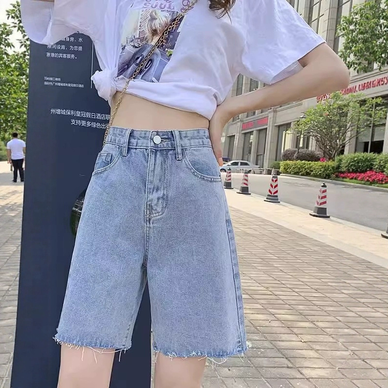 여성용 얇은 로우 엣지 데님 반바지, 하이 웨이스트, 뱃살 조절, 슬리밍, 키가 크고 캐주얼한 스트레이트 레그 찢어진 데님 5부 팬츠