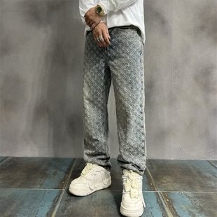 American Style High Street Jacquard Full Print Simple Design High-end Jeans Men's Design Sense Straight Trendy Brand Loose Pants