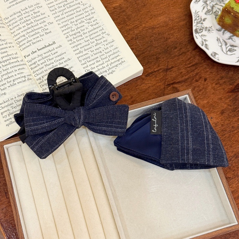 Dark Color Patchwork Striped Hair Clip, Hepburn Style Half-Tied Ponytail Clip, High-End Girl's Hairpin, Shark Clip, Bow Hair Accessory
