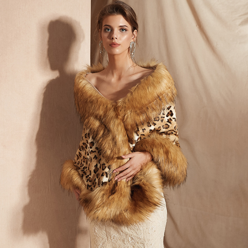 Amazon European and American Cross-Border Autumn and Winter New Shawl Bridal Dress Outerwear Fox Fur Imitation Fur Brown Cape