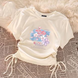 New Chinese Style Girls' Solid Color Short Top Summer Children's Western Style Thin Half Sleeve Middle and Big Children's Drawstring Design Short Sleeve