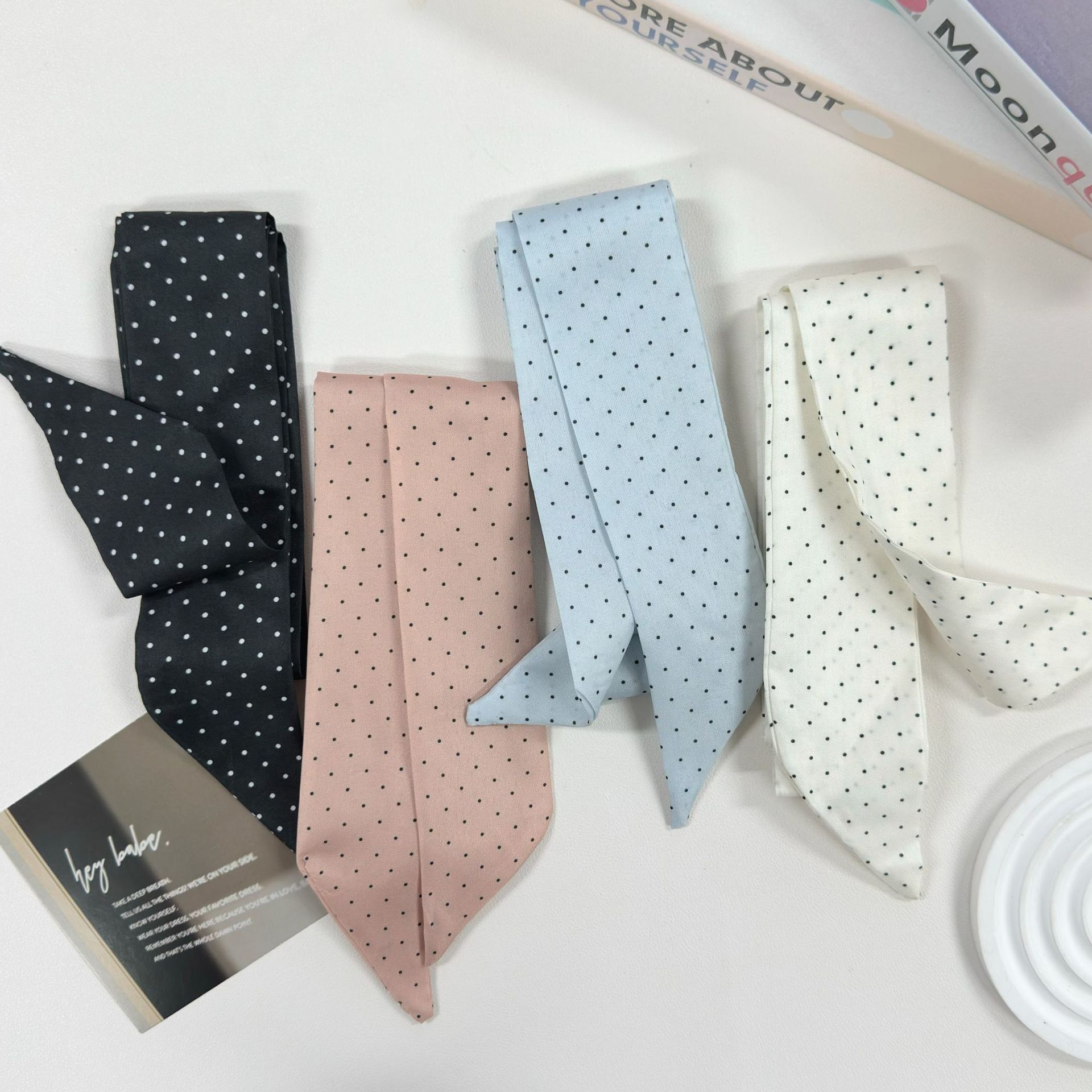 New Korean-Style Polka Dot Narrow Long Silk Scarf for Tying Hair, Wrapping, Ribbon, Belt, Niche Retro Tie Silk Scarf
