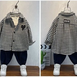 Children's Clothing Boys Spring Coat 2024 New Cool Handsome Baby Shirt Boy Handsome Children's Houndstooth Shirt Trendy