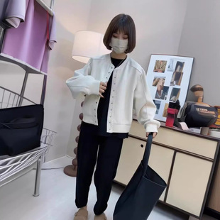 Qi engraved drawing small sweater coat women's 2024 spring and autumn solid color simple casual crew neck sweater cardigan