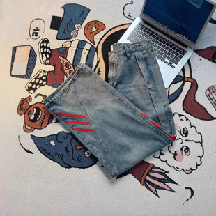 Men's American-style Stitching Jeans Men's High-end Fashionable Brand Loose Youth Wide-leg Long Pants Men's Fashionable