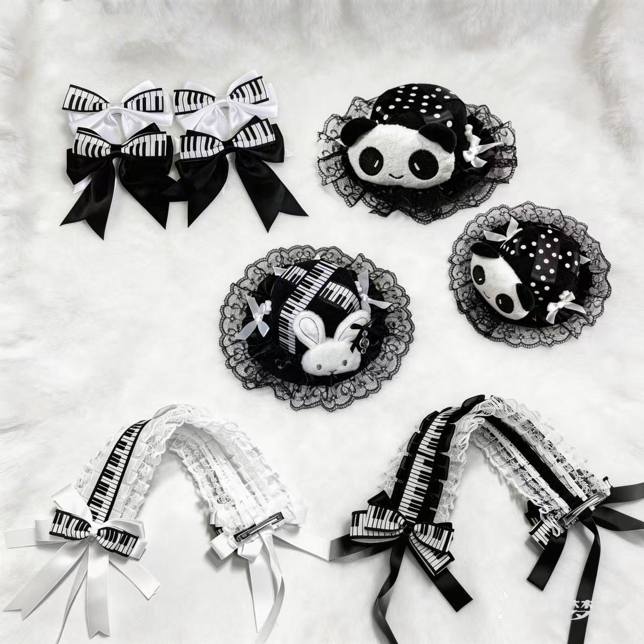 Gothic Style Piano Key Rabbit Ear Headband Lace Headwear for Women Lolita Cute Plush Hair Accessories Headband