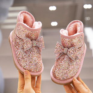 Children's cotton-padded shoes winter outwear girls' snow boots fleece-lined thick with diamond cute baby girl warm boots non-slip