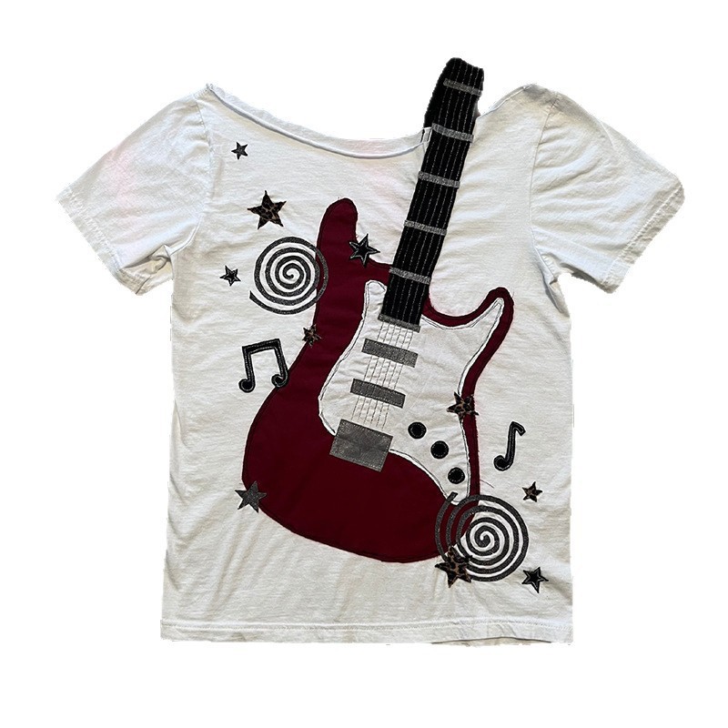 Goth Rock Y2K Street Style Light Asian Fashion Cross-Border Fashion Guitar Design Punk Ins Cross-Border Short-Sleeve T-Shirt