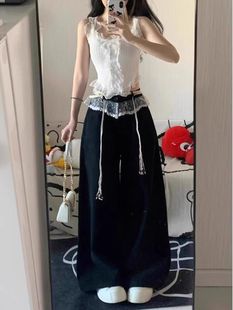 Lace Stitching Niche Design Sense Casual Pants Women's Spring and Summer New American Style High Waist Loose High Sense Straight Pants