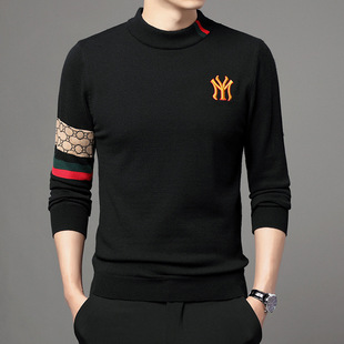 Spring and Autumn New Men's Knitted Sweater Youth Half High Collar Korean Embroidered Sweater Men's Casual Fashion Base Sweater