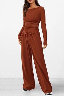 Amazon European and American Fashion Women's Two-Piece Set 2024 Autumn and Winter Casual Crewneck Long-Sleeved Asymmetric Top Wide-Leg Pants