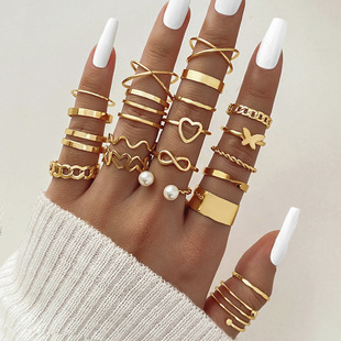 Cross-border electrophoresis black butterfly diamond ring mixed batch pearl ring women's niche high-grade joint ring 23 pieces suit