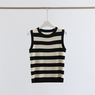 Summer Ice Silk Round Neck Sleeveless Sweater Vest Striped Pullover Women's Loose Korean Style Simple Casual Top